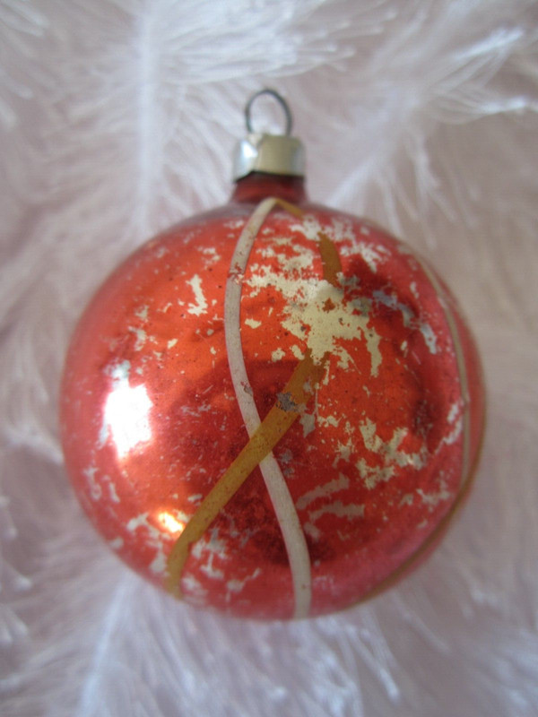 Vintage Red with Stripes GLASS ROUND BALL 1.75" ORNAMENT Christmas