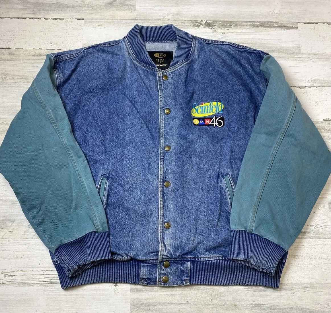 Vintage Seinfeld UPN 46 Promo Denim Varsity Jacket Sz L ID Sport Made In Canada