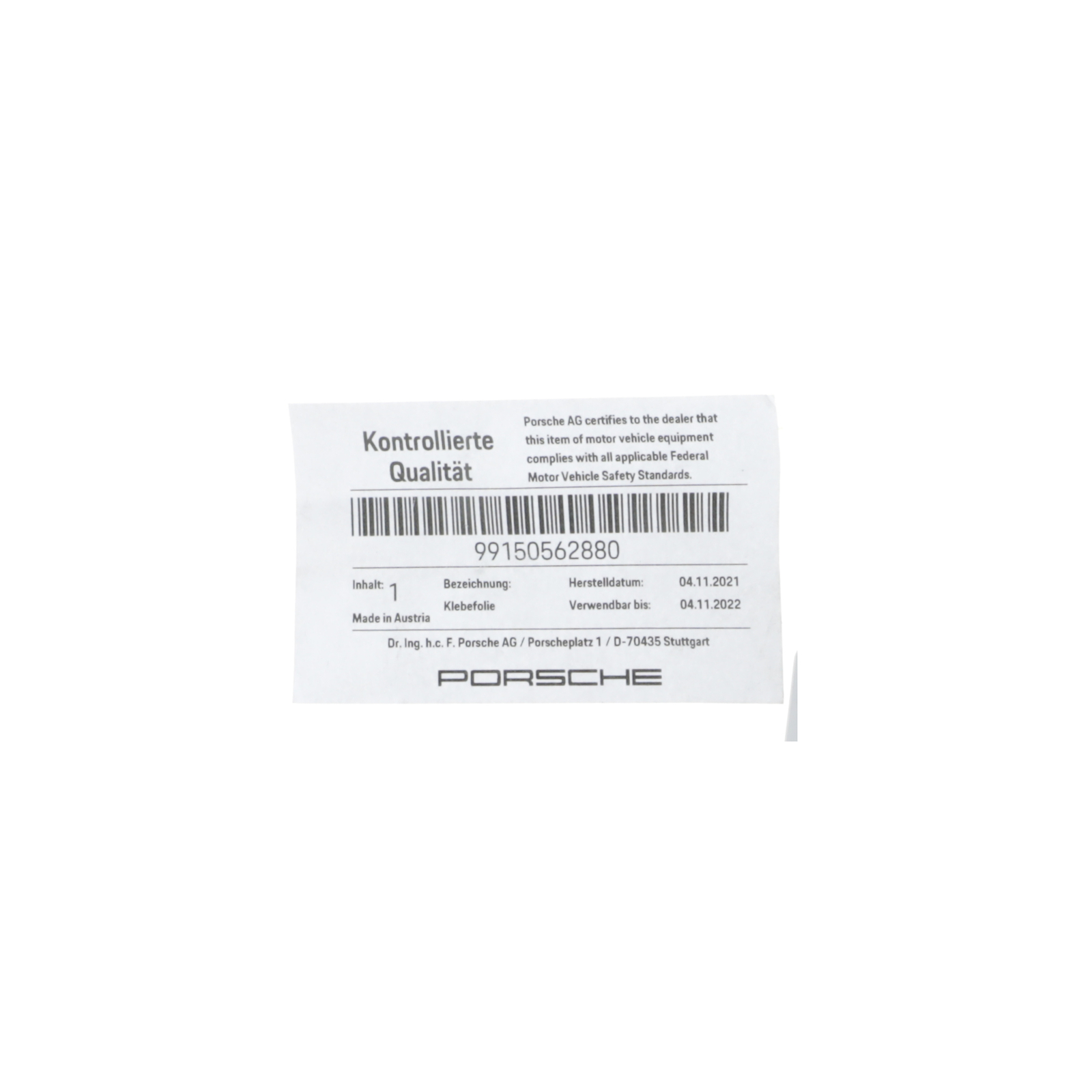 GENUINE PORSCHE 911 GT3 18-19 Fr Bumper Side Trim Adhesive Strip 991-505-628-80