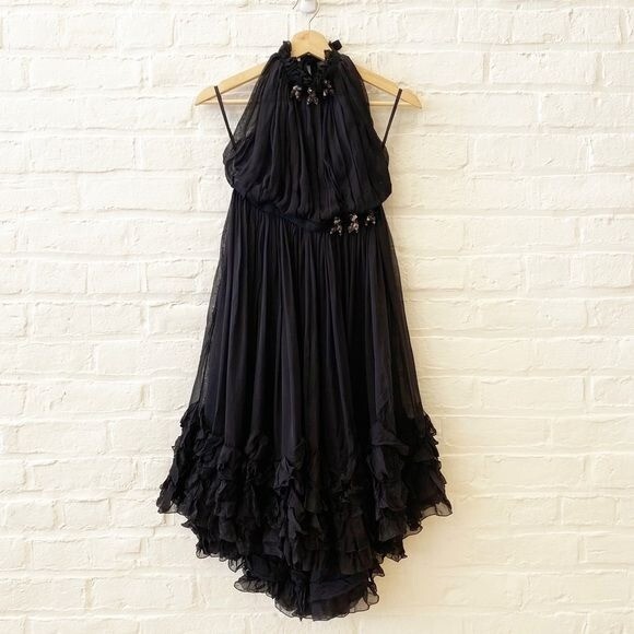 D&G Dolce & Gabbana || High Neck Halter Ruffle Dress Embellished Silk Black  42 6 | eBay