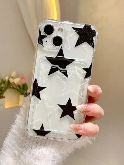 Stars Design Print Transparent Y2K Phone Case With Card Slot For