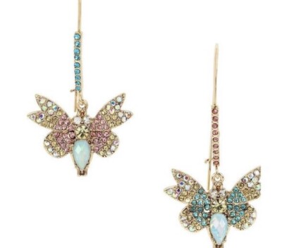 $45 Betsey Johnson Buzz Off Pave Butterfly Mismatch Drop Earrings 502