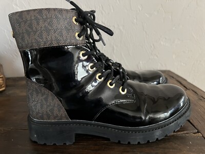 Michael Michael Kors MK Pattern Alistair Lace Up Booties Black & Brown Women s 5