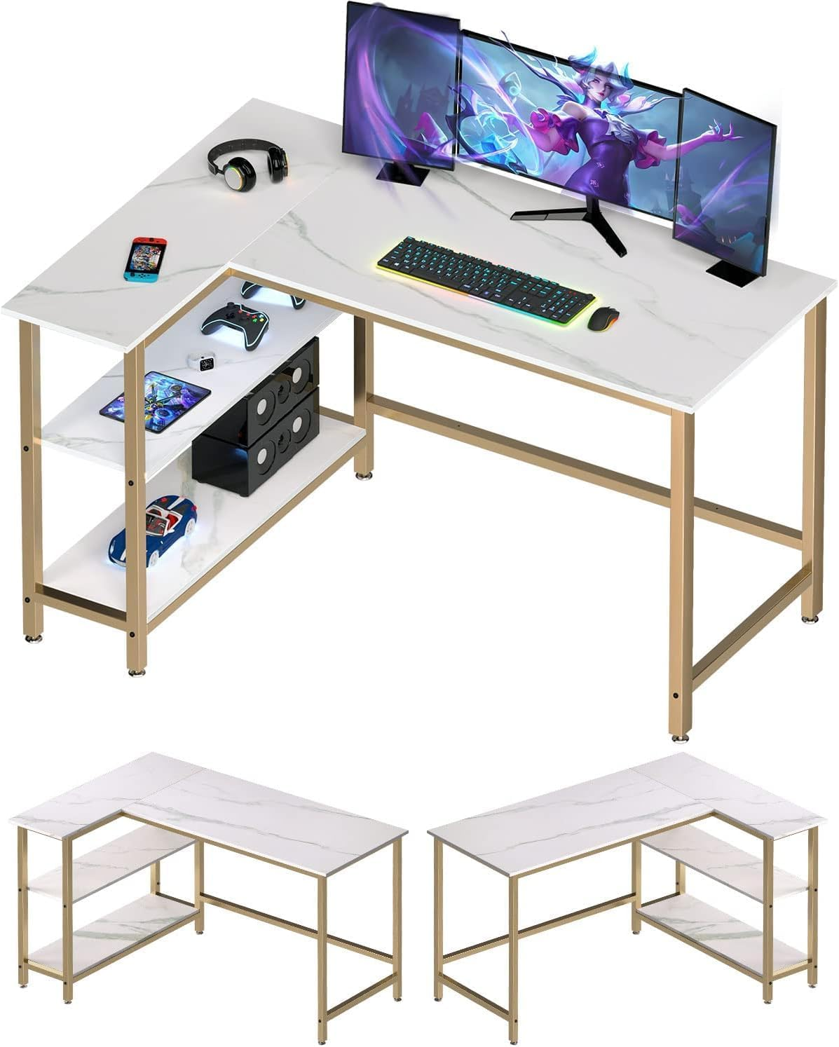 L-Shaped Home Office Computer Desk with Shelf, Ideal for Gaming and Corner Workspaces