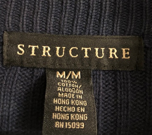 vtg STRUCTURE 1/4 Zip Sweater Sz M Blue Ribbed Knit Stand Up Collar Hong Kong - Picture 8 of 10