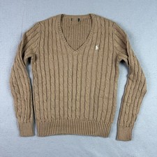 Polo Ralph Lauren Womens Cable Knit V neck Sweater M Brown Preppy pony