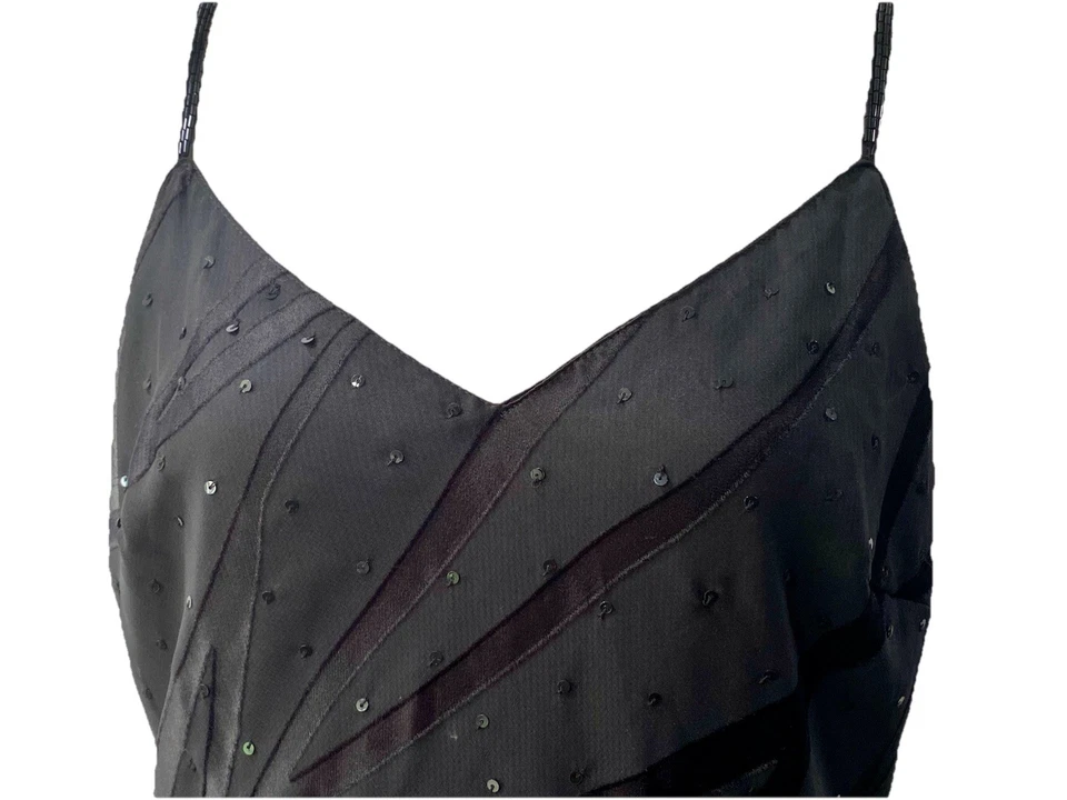Vintage 90s NWT Eva Blue Black Slip Dress Sequin Stripe Beaded Hi Low  Midi S/M - Image 4 of 4