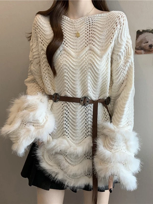 Nuevo suéter de punto de felpa hueco para mujer talla grande manga larga cubierta superior Foto 4 de 4