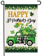 St Patricks Day Shamrocks Truck Garden Flag 12x18 Inch Double Sided, Burlap Lawn