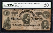 1864 $100 One Hundred Dollar Confederate States of America Note T-65 PMG VF 20