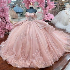 Pink Shiny Princess Ball Gown Quinceanera Dresses Appliques Lace Beads Sweet 16