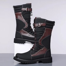 Men's Faux Leather Mid Calf Boots Motorcycle Shoes Lace Up Buckle Round Toe OL