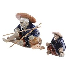 2Pcs Bonsai Collection Miniature Fisherman Figurines Ceramic Material, Mini