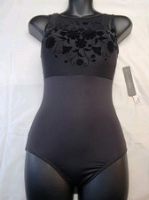 Danz N Motion Boatneck Tank Leotard Black Mesh Overlay Floral Deep V-back SZ P