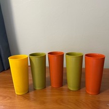 Set of 5 Vintage Tupperware Tumbler Stackable Drinking Cups Orange Green Yellow