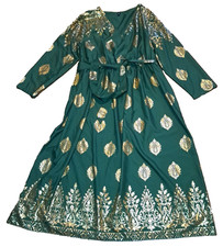 Shein Curve 4XL Green Gold Pullover Dress L/S Belt Party Holiday Sparkle Ethnic