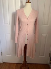 H by Halston Long Sweater Pink Knit Button V-Neck Long Sleeve XS Knee Length