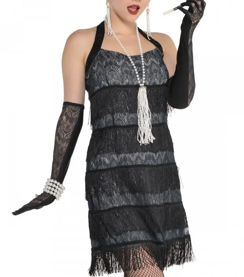 Vestido Flapper de Renda Preto Vestido Flapper Adulto Anos 20 Fantasia Halloween Vestido Extravagante Tamanho M - Imagem 3 de 4