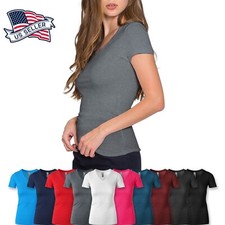 Womens Basic V Neck T Shirts Solid Color Plain Tee Top Stretch Layer Fitted