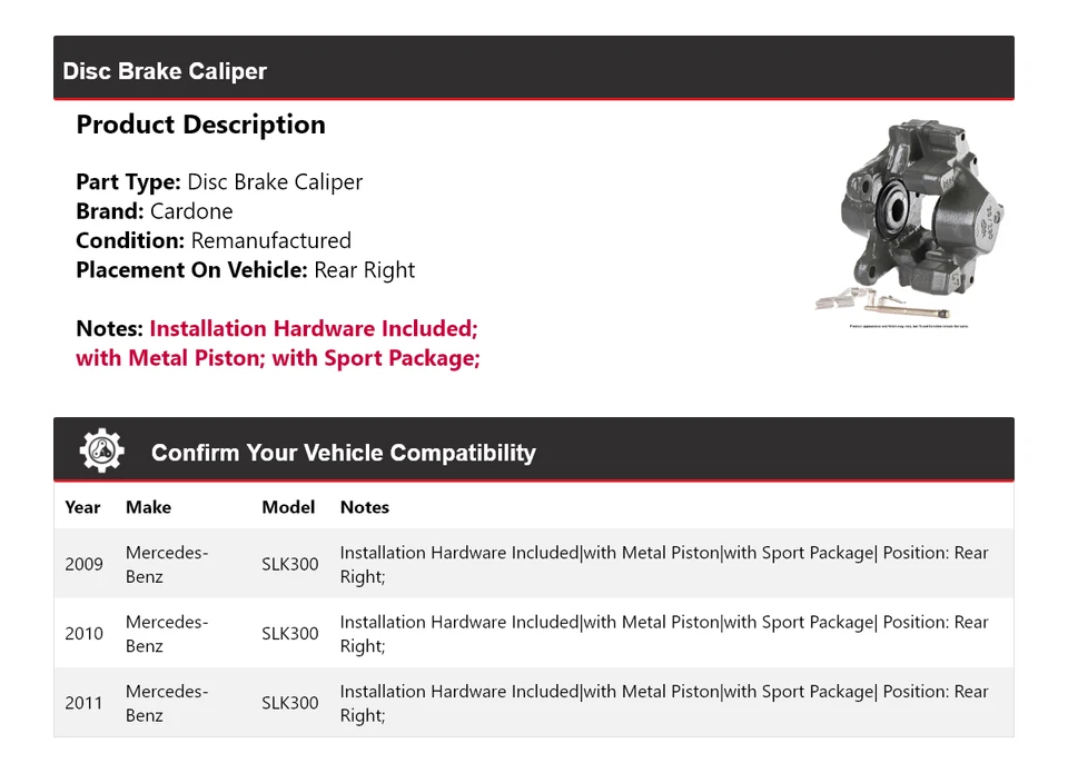 Pinza de freno de disco trasera derecha cardone 2010 para Mercedes-Benz SLK300 2009-2011 Foto 2 de 4