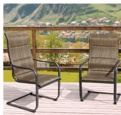 Padded Textilene C-Spring Sling Patio Dining Chair: Set of 2, Brown