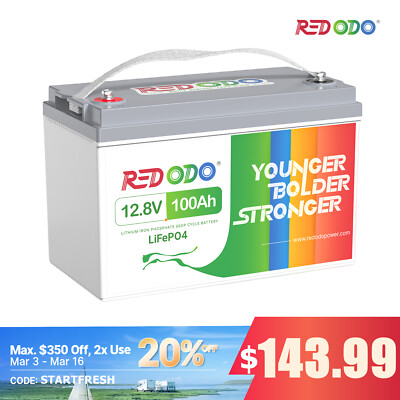 Redodo LiFePO4 Lithium Battery 12V 100Ah for RV Off-grid Solar Trolling Motor