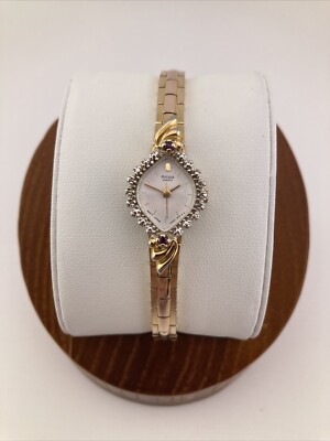 Vtg Pulsar Ladies 16mm Watch Gold Tone Diamond & Ruby Bezel 