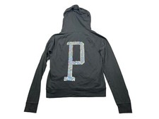 Victoria  s Secret Pink Black Sequin Bling P Logo Full Zip Hoodie L