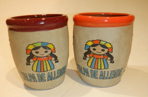 Vintage Pair of Art Pottery Stoneware & Enamel Mug Talpa De Allende