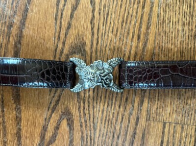VTG 90s Brighton Dark Brown Croc Leather Silver Metal Floral  display picture 1