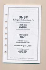 BURLINGTON NORTHERN SANTA FE ILLINOIS DIVISION TIMETABLE #1 AUG 1, 1996 1st BNSF