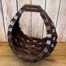 Vintage Mid-century Modern Geomentric Wood Blocks Basket Planter Dark Stain