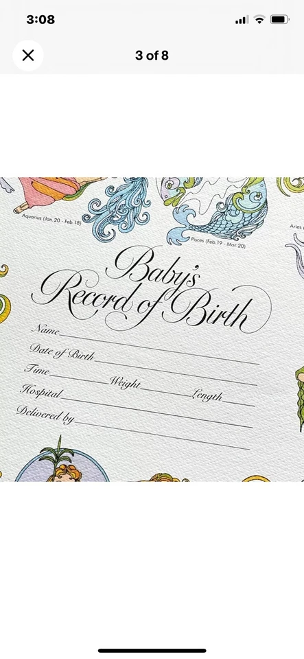 Плакат свидетельство о рождении ребенка Zodiac 1970-е винтажный подарок на детский душ - Изображение 2 из 4