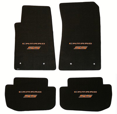 Lloyd Mats Velourtex Front Floor Mats For 2010-2015 Camaro SS – Ebony With Orange Logos & Binding – GM Licensed – 2pc