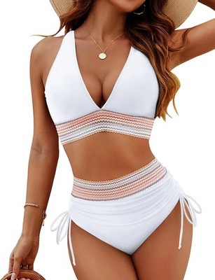 Damen hohe Taille Bikini Sets Bauch Kontrolle 2Piece Farbe Block Badeanzug