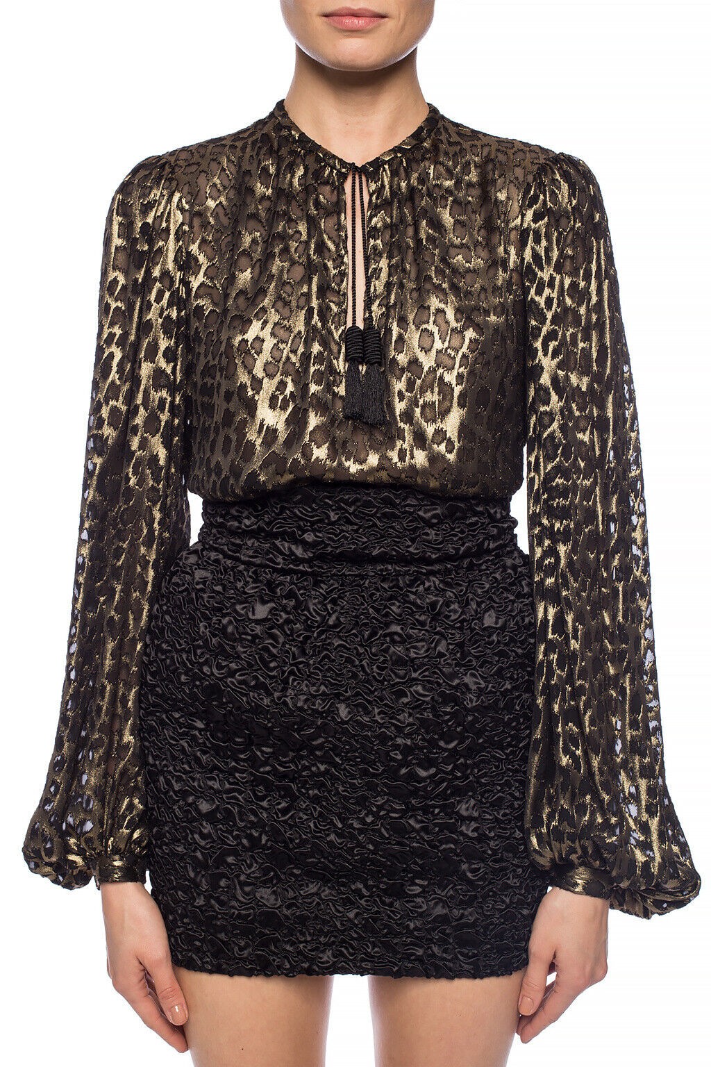 Top SAINT LAURENT 2190 $ stampato leopardato in seta nera e oro