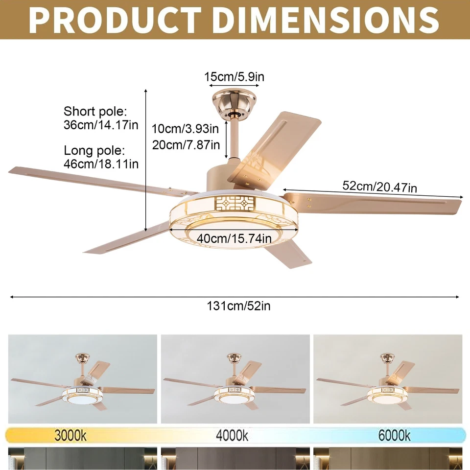 52in Ceiling Fan w/ Light and Remote Modern LED Smart Ceiling Lamp Adjustable - Image 4 of 4