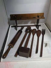 Vintage Set Of 6 Wooden Kitchen Tools And Wall Hanging Rack Spoons Rolling Pin