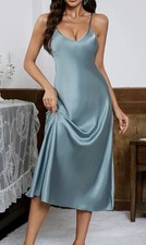 Glossy Sea Blue Satin Tie Back Slip Nighty Nightgown Lingerie XL NEW