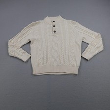 LL Bean Sweater Mens Medium White Mock Neck Chunky Cable Knit Henley Fisherman