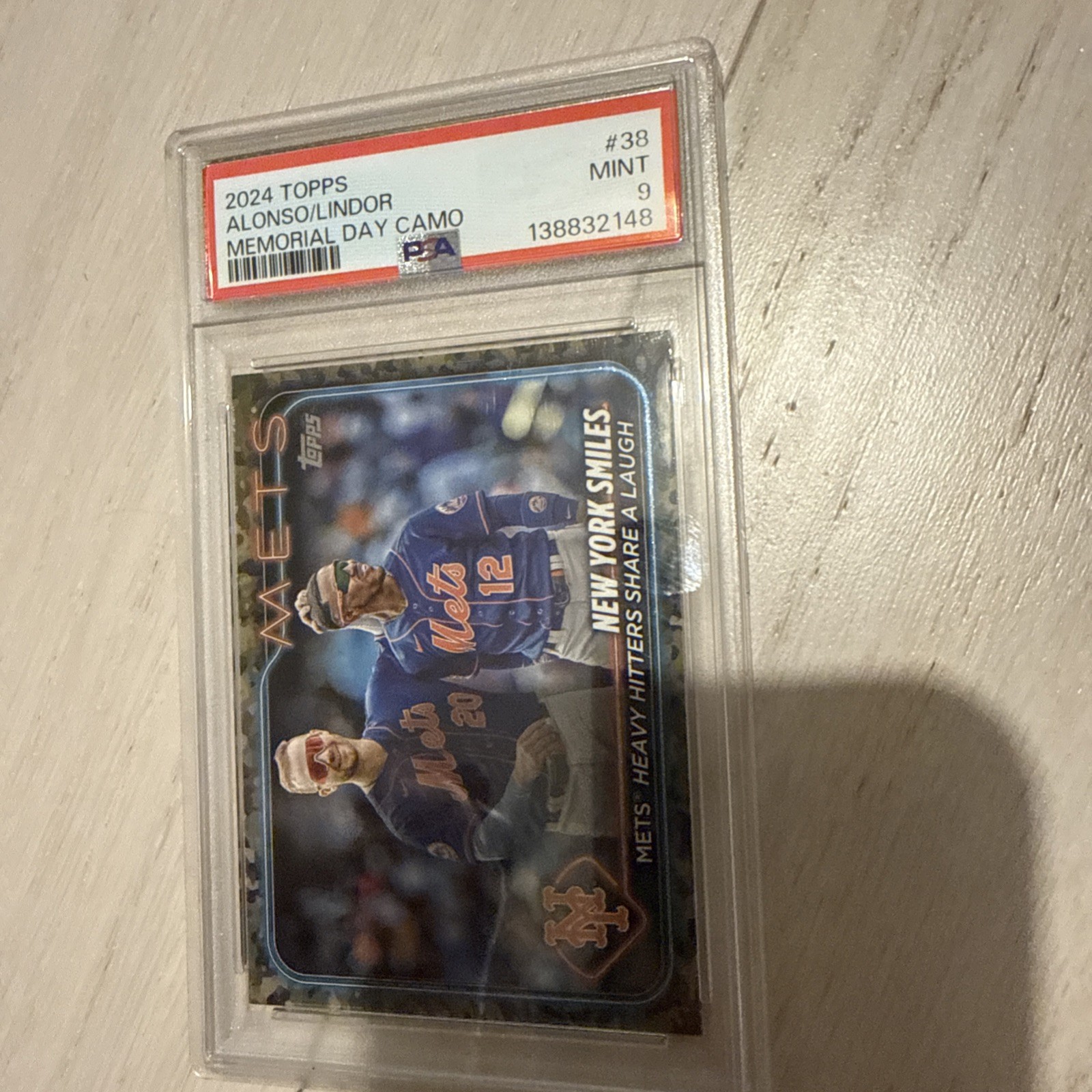 2024 Topps Mets Heavy Hitters Share a Laugh Memorial Day Camo #/25 PSA 9 view 1