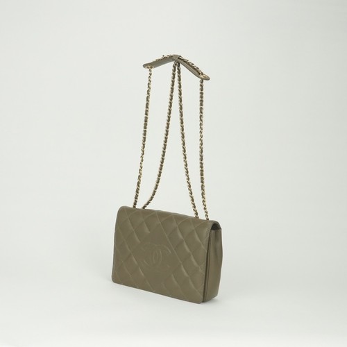 CHANEL Matelasse Single Flap Double Chain Shoulder Bag Khaki Lambskin Gold CC