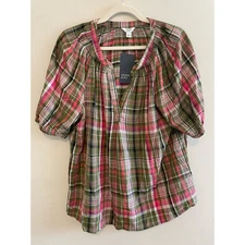 NWT $65 Crown & Ivy Size L Green Plaid Top Peasant Blouse Puff Sleeves Holiday