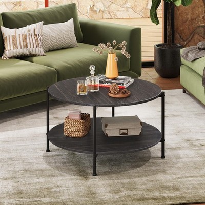 32.6'' Black Wood Round Coffee Table With Storage Shelf For Living Room Clearance