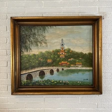 FRAMED Vintage Landscape Oil Painting on Canvas Japanese Landscape 30X27 APPROX.