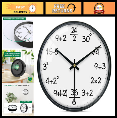 Silent 12'' White Math Wall Clock - Battery Operated, Classroom & Home Decor