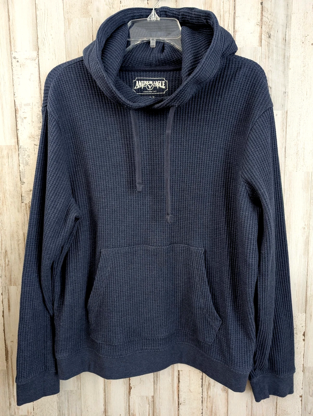 American Eagle Waffle Knit Thermal Hoodie Mens Medium Steel Blue Classic