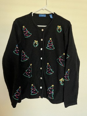 Karen Scott Sport Womens Christmas Tree Cardigan Sweater Black Holiday 1X