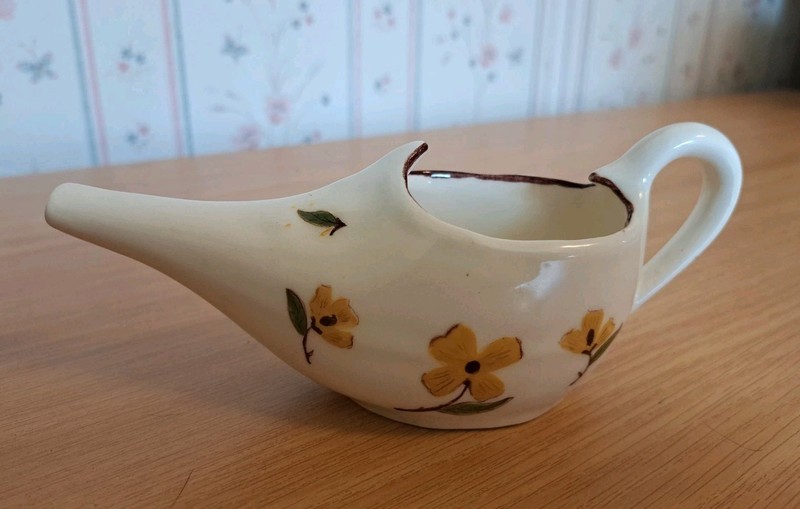 Vintage Singing River Original Porcelain Invalid Feeder Cup Yellow Flowers Brown