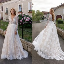 Boho Wedding Dresses Full Lace Long Sleeve V Neck Champagne A Line Bridal Gowns